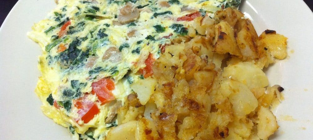Farmers Omelette. This picture depicts an omelette that is consisted of spinach, mushrooms, tomato and onion with home fried potatoes on the side served on a white plate on Johnny’s counter top
